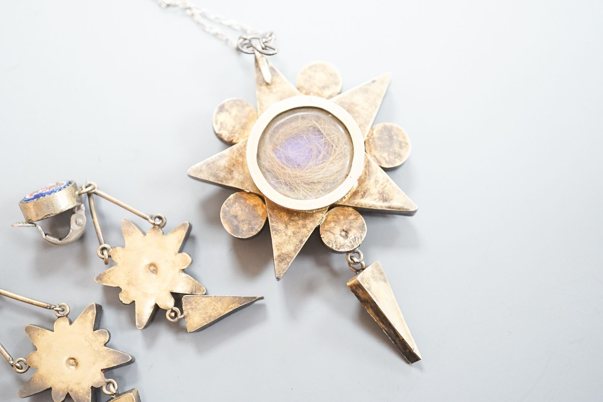 A 19th century Italian gilt metal and micro-mosaic drop pendant on chain, pendant 6cm and a pair of matching drop earrings and a micro-mosaic button